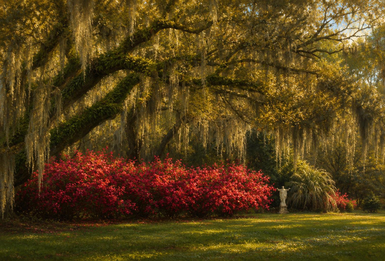 Peaceful garden at Mepkin Abbey with moss-draped oaks and blooming azaleas
